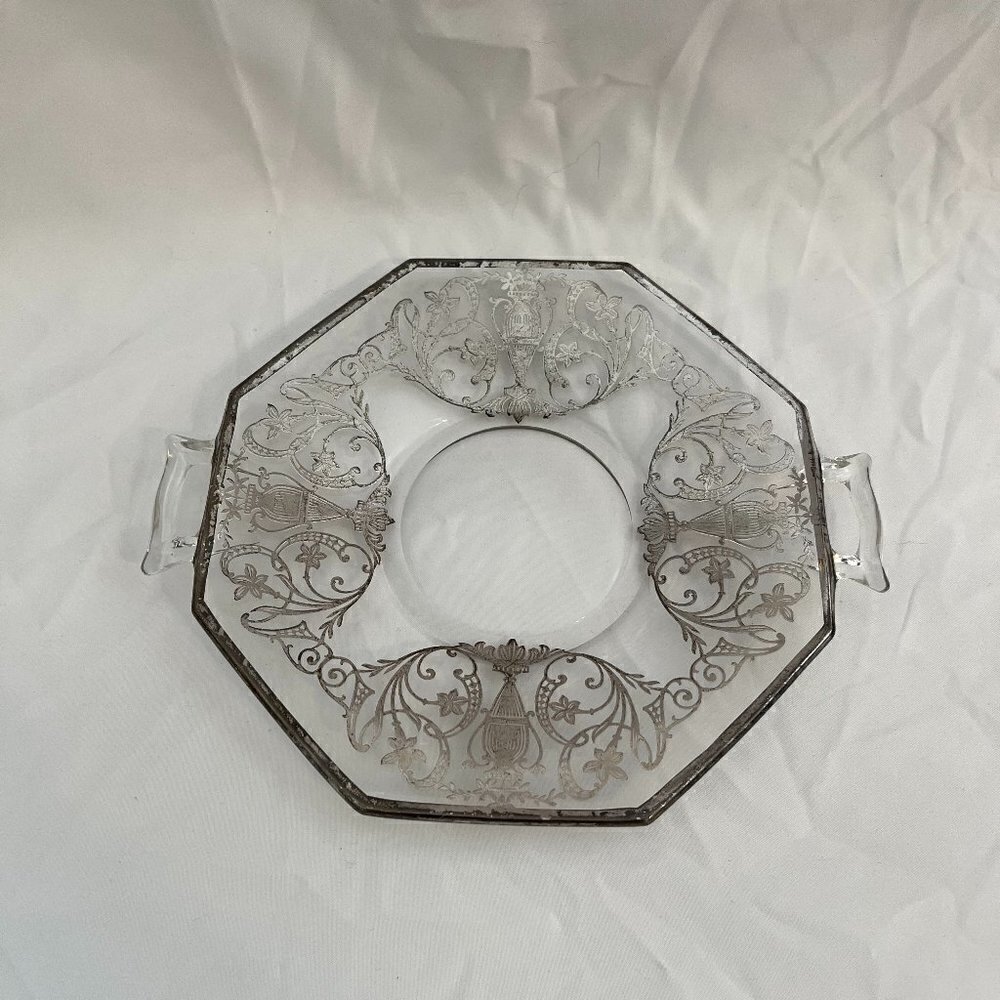 Elegant Clear Glass Octagonal Serving Plate with Silver Filigree